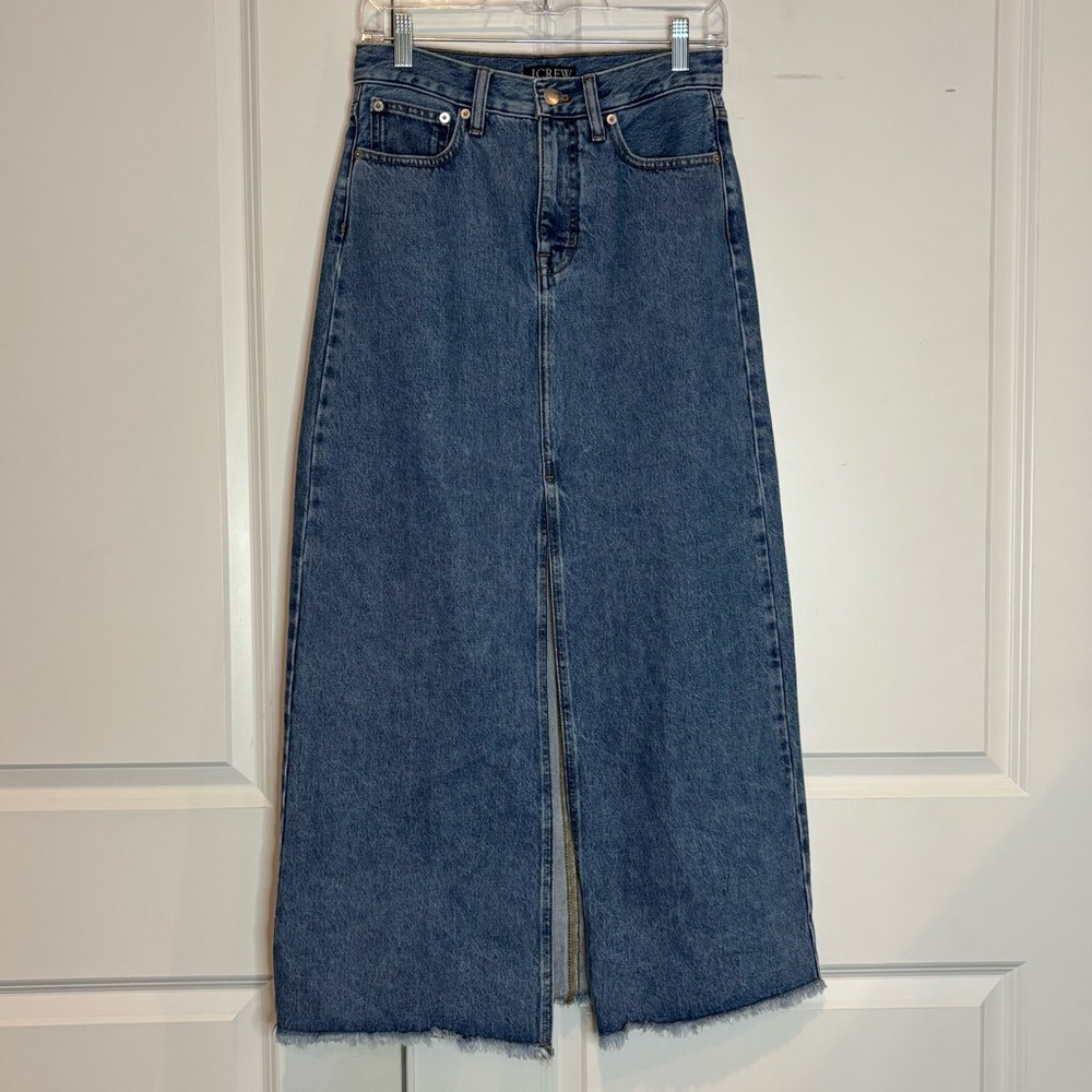 J. Crew Denim Slit Front Raw Hem Maxi Skirt 25 CC929